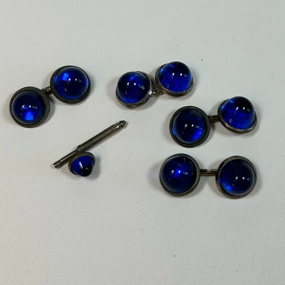 Vintage Two Pairs + Cobalt Blue Glass Chain Link Cufflinks Domed Art Deco
